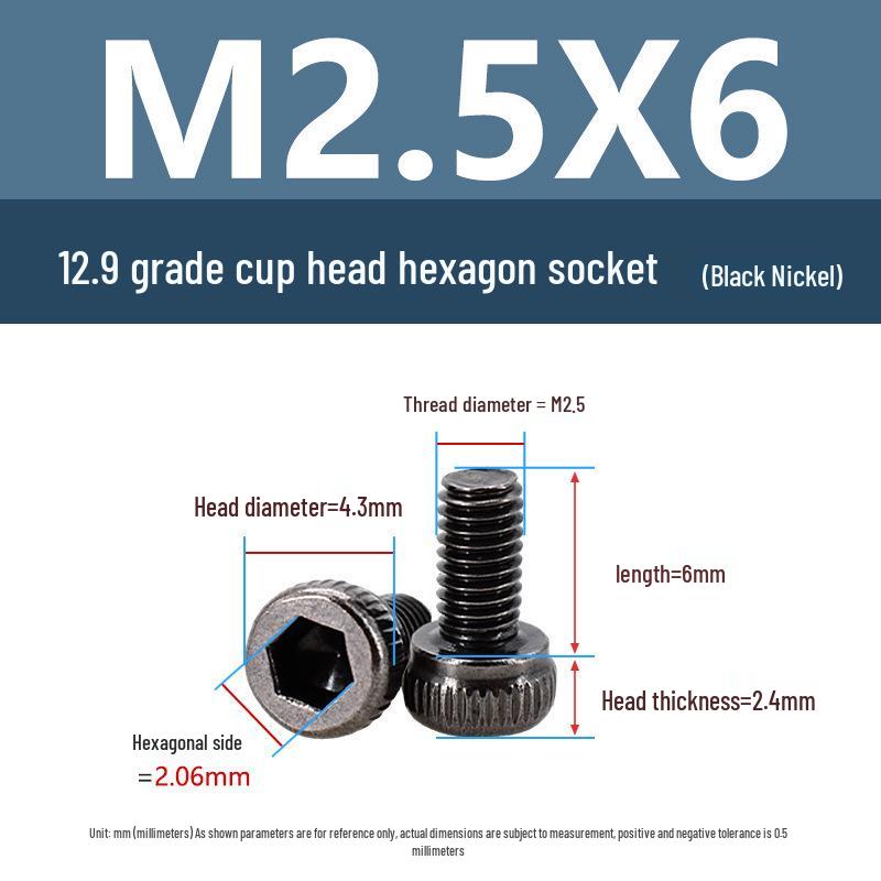 Yigu High-Strength Black Nickel Hex Socket Screw, M1.6-M4, Knurled Cup Head Bolt, 12.9 Grade.