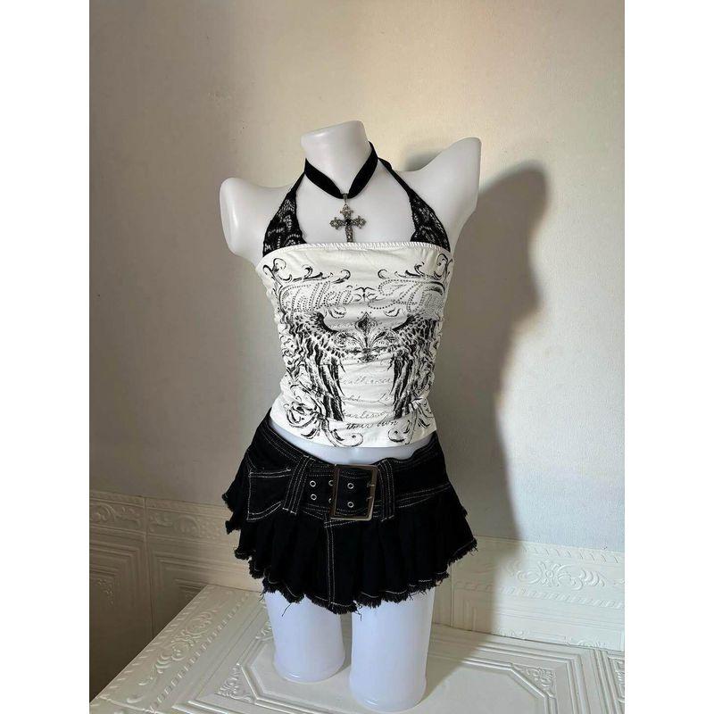 American Retro Vintage Style Black and White Thorn Wings Print Lace Patchwork Design Gothic Halter Top White Lace Two-Piece Sleeveless Top S