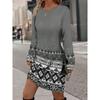 Womens Heart Print Round Neck Long Sleeve Plaid Patchwork Midi Dress Elegant Casual Office Wear