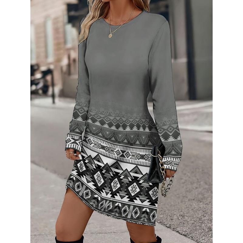 Womens Heart Print Round Neck Long Sleeve Plaid Patchwork Midi Dress Elegant Casual Office Wear