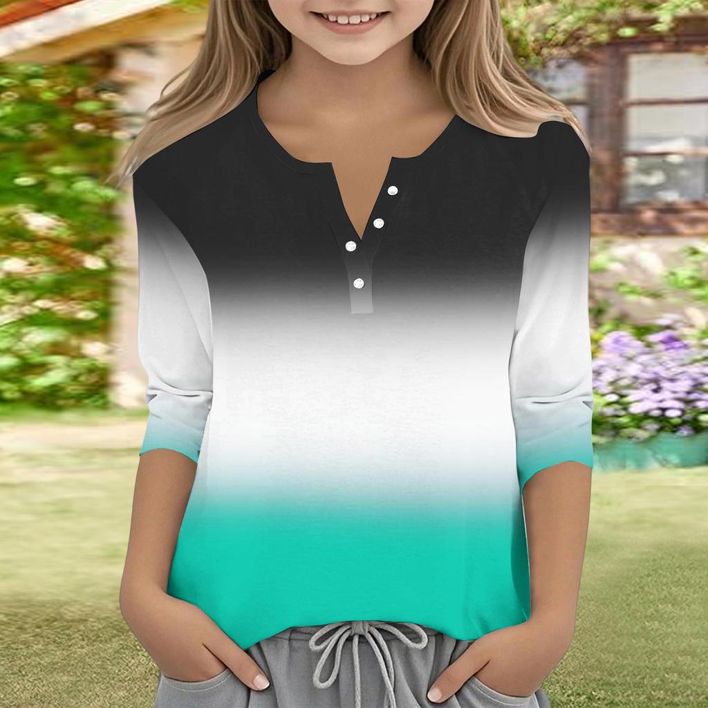 Print Tops For Youth Girls V Neck Button 3/4 Sleeves T-Shirts Trendy Tops Outfit Tees