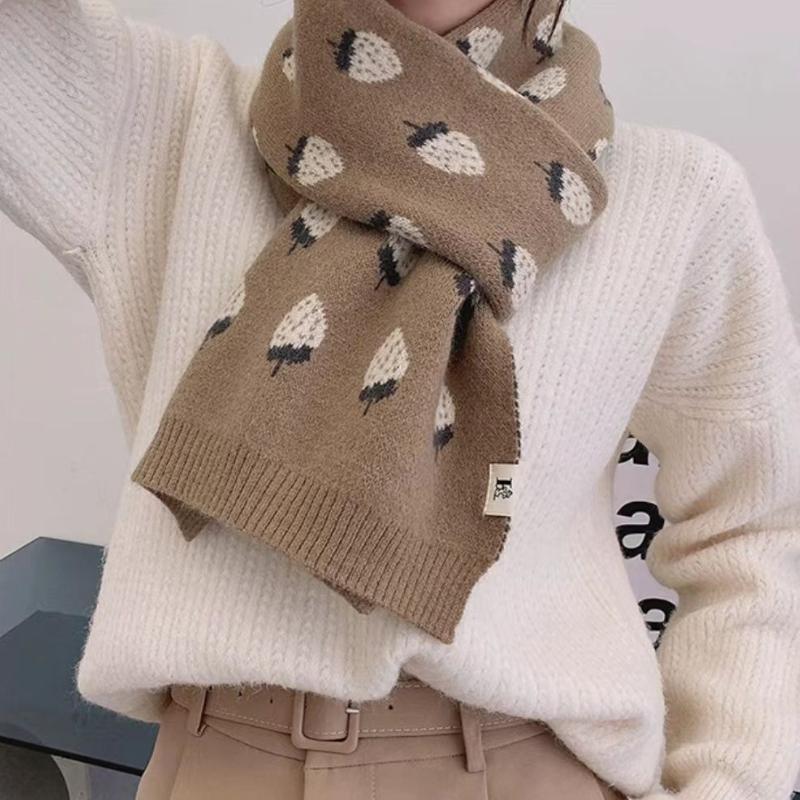 Women's Strawberry Pattern Knitted Cashmere Scarf Autumn Winter Korean Japanese Style Versatile Student Thickened Warm Neck Warmer
