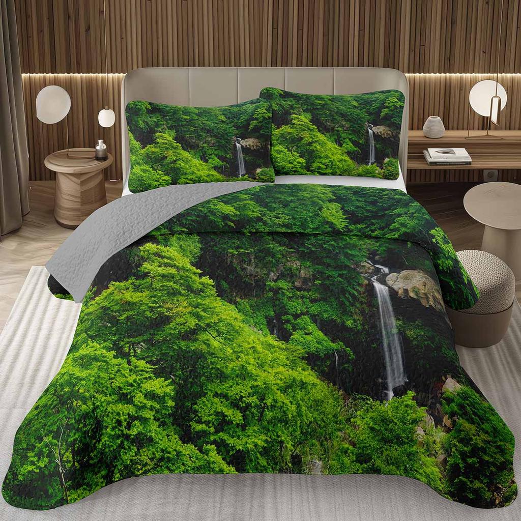 Forest Bedspread King/Full Magical Woodland Jungle Coverlet Set Dreamy Misty Scene Quilted Bedding Set Reversible Grey Bed Cover