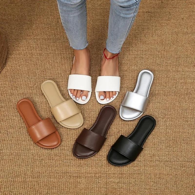 Mote Sommer Dame Tøfler Lær Firkantet Tå Dame Flats Flip Flops Designer Dame Slides Sandaler Damesko Luksussandaler