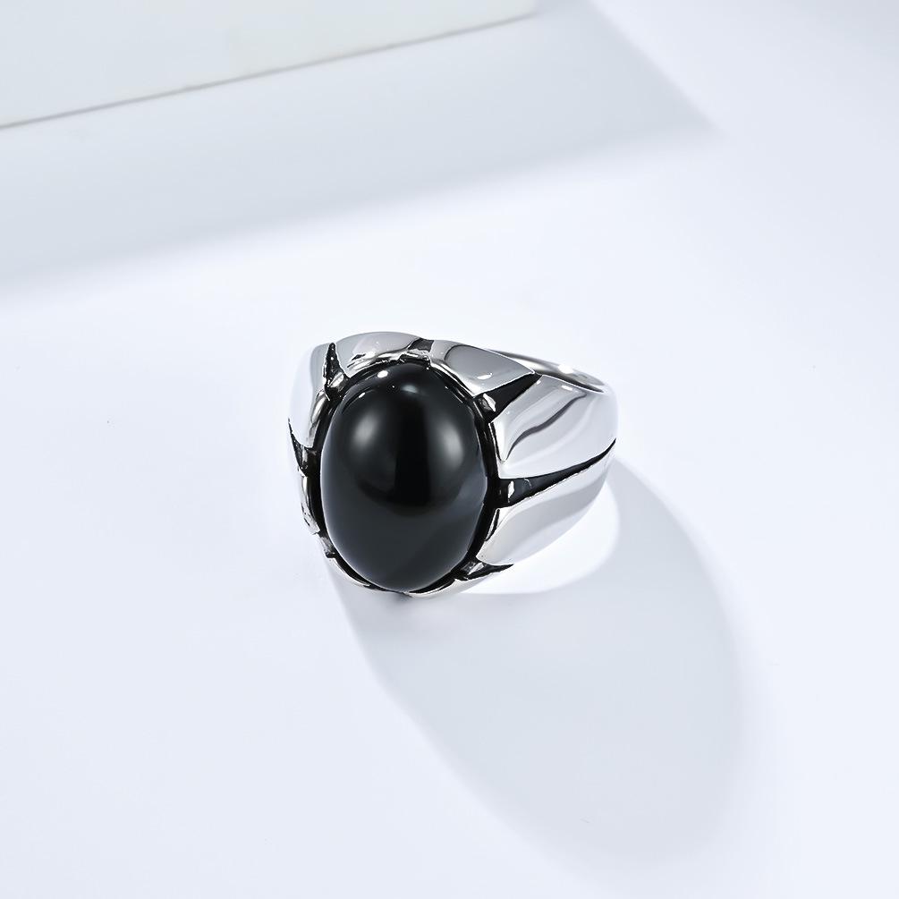 Retro Tiger Eye Titanium Steel Men's Oval Black Gem Ring