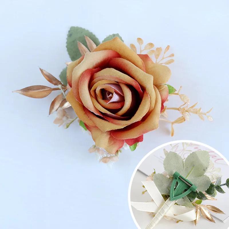 6pcs White Pink Corsage and Boutonniere Set Artificial Rose Wristlet Suit Flower for Men Wedding Party Prom Decoration