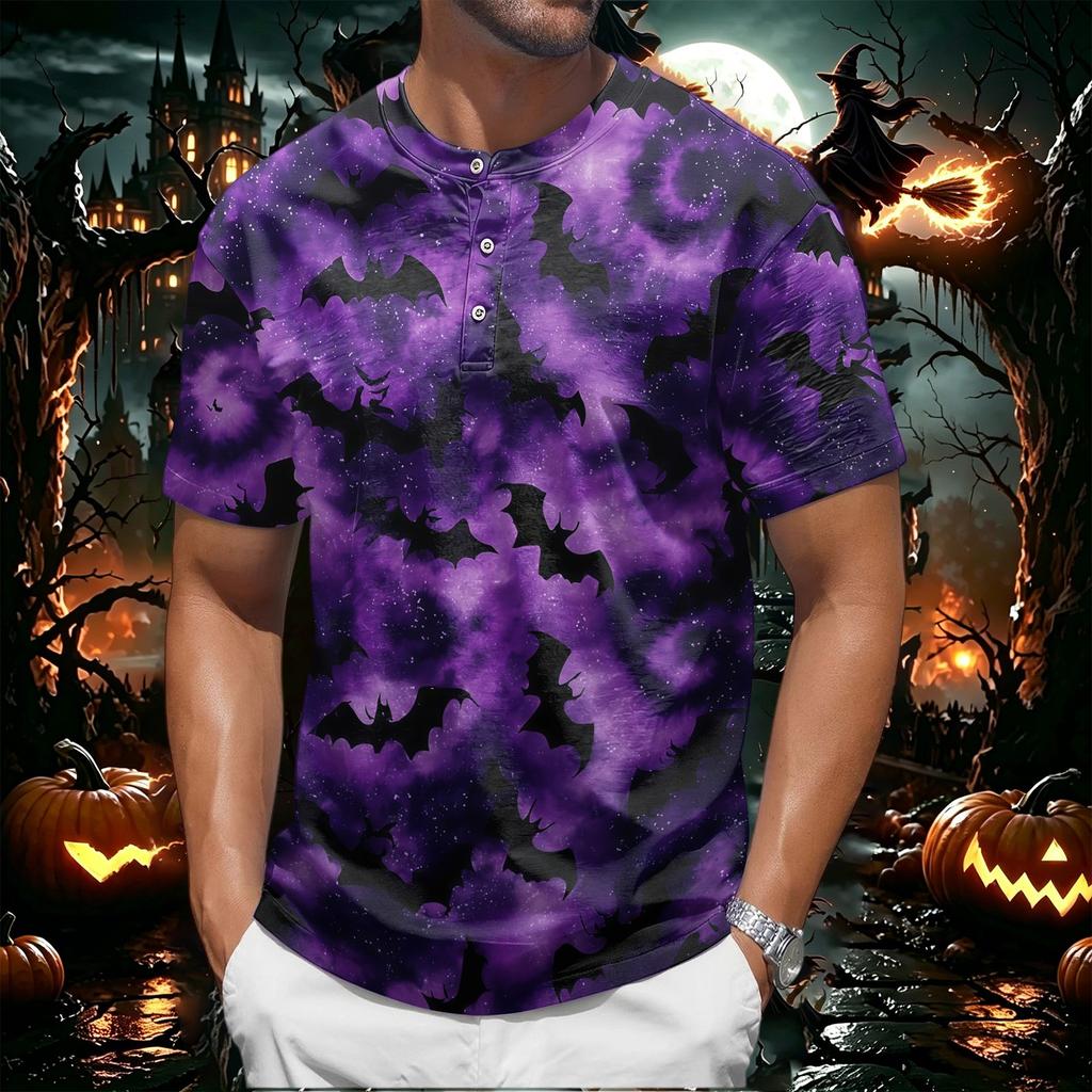 Men's Halloween Print Short Sleeve Henley Shirt Casual Button Up T-Shirt Lightweight Breathable Fabric for Everyday Wear