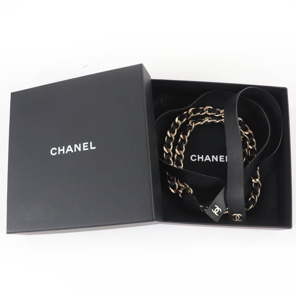 Great CHANEL Belt COCO Mark Leather Chain Ribbon Black Leather Women S B20C Used