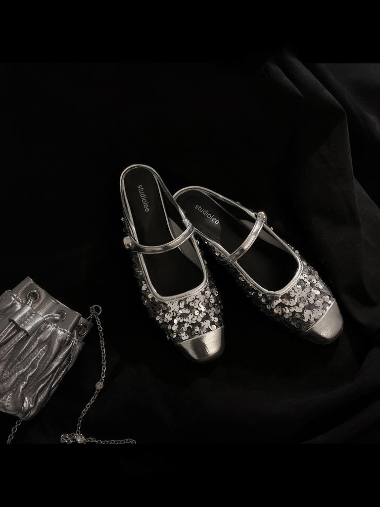 Sheepskin Grape Mother Sparkling Sequined Thick Heel Bag Head Slippers Women's Summer One Word Muller Half Drag Summer Wear Cool Slippers