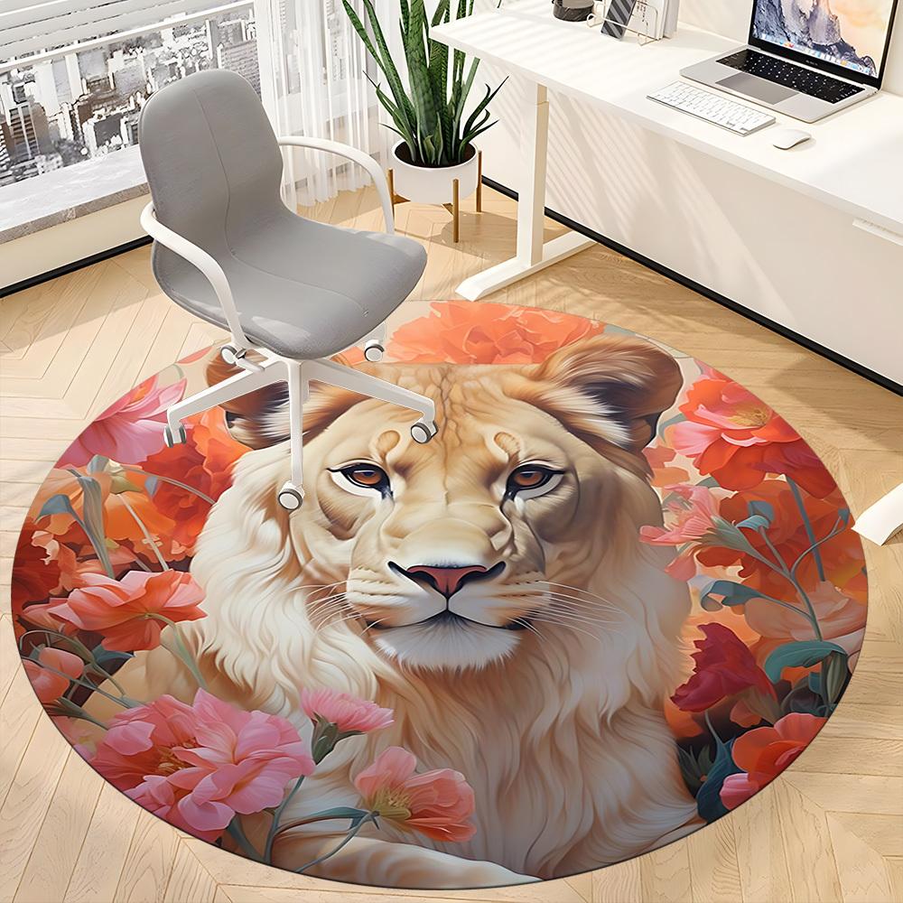 1pc Lion Floral Print Carpet for Office Non-Slip, Round Carpet, Soft & Comfortable, Carpet for Office, Lightweight Round Floor Mat