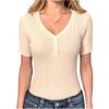 Women V Neck Ribbed Knit Short Sleeve Top with Button Casual Slim Fit Pullover for Everyday Wear