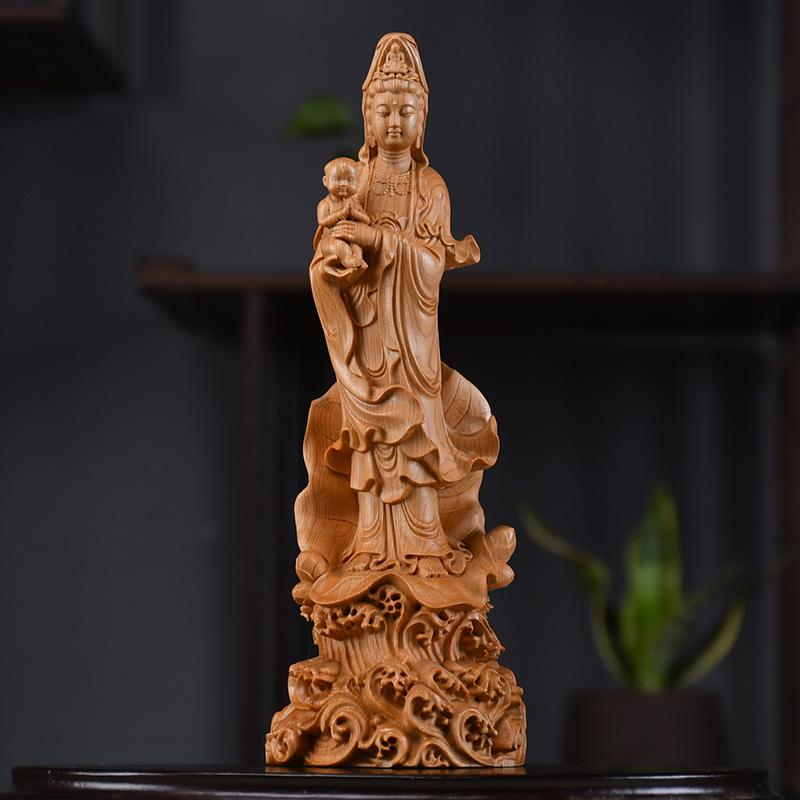 Natural Cypress Sending Son Guanyin Statue - Chinese Buddhist Character Statue Solid Wood Carving Feng Shui Room Ornaments 21cm