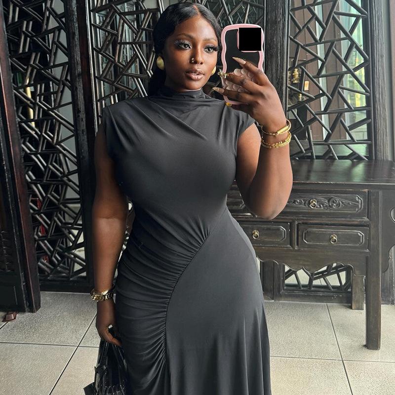 European and American Style Fashionable Women's Solid Color Dress, Round Neck Pullover Sleeveless Casual Temperament Irregular Skirt