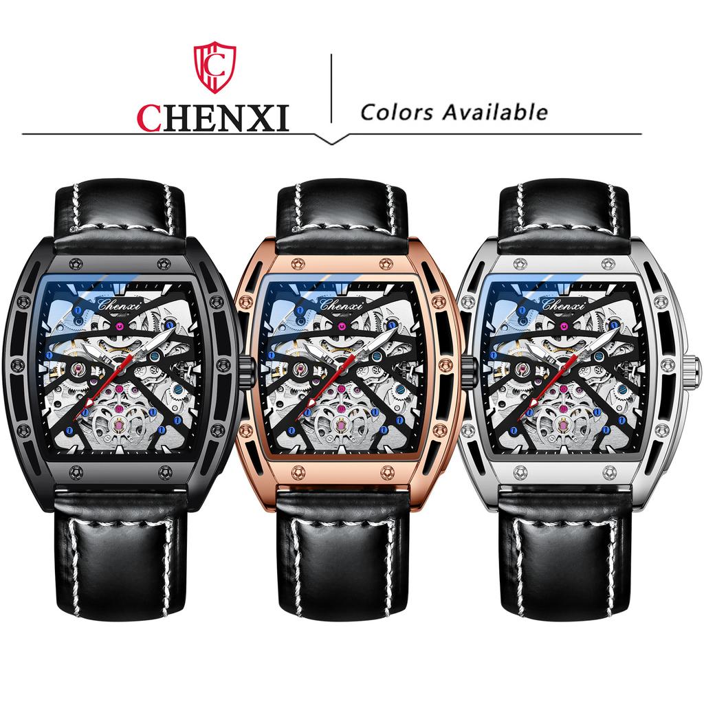 New TOP Brand Luxury Men's Watch With Box Men's Wine Barrel-shaped Hollow Automatic Leather Waterproof Men's Mechanical Watches