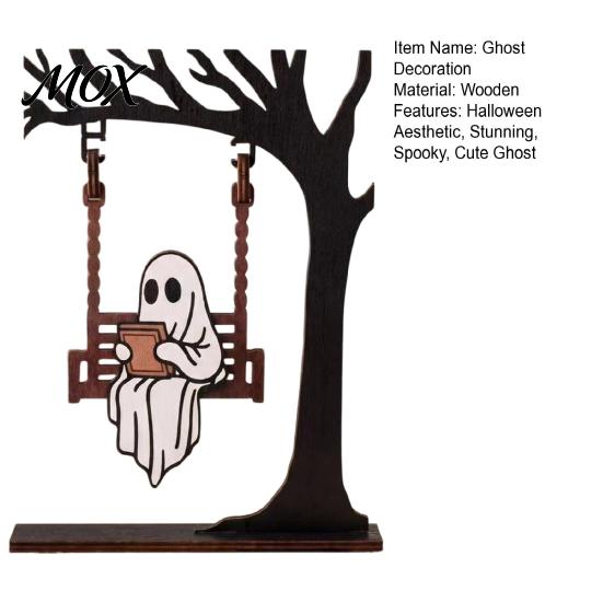 Sturdy Reusable Holiday Decoration Halloween Ghost on A Swing Reading Figurine, Spooky Wooden Centerpiece Decorative with Cup for Home Nook Bookshelf