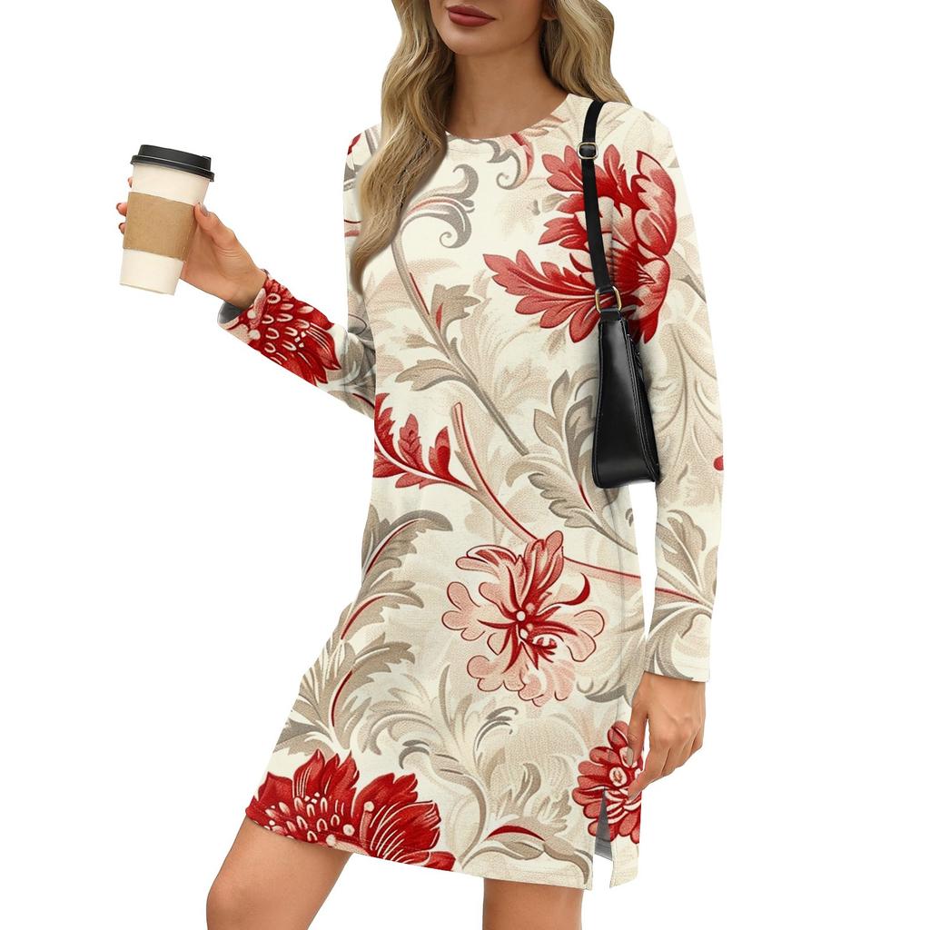 Dámská móda Ležérní šaty s kulatým výstřihem a dlouhým rukávem s rozparkem na půl lemu