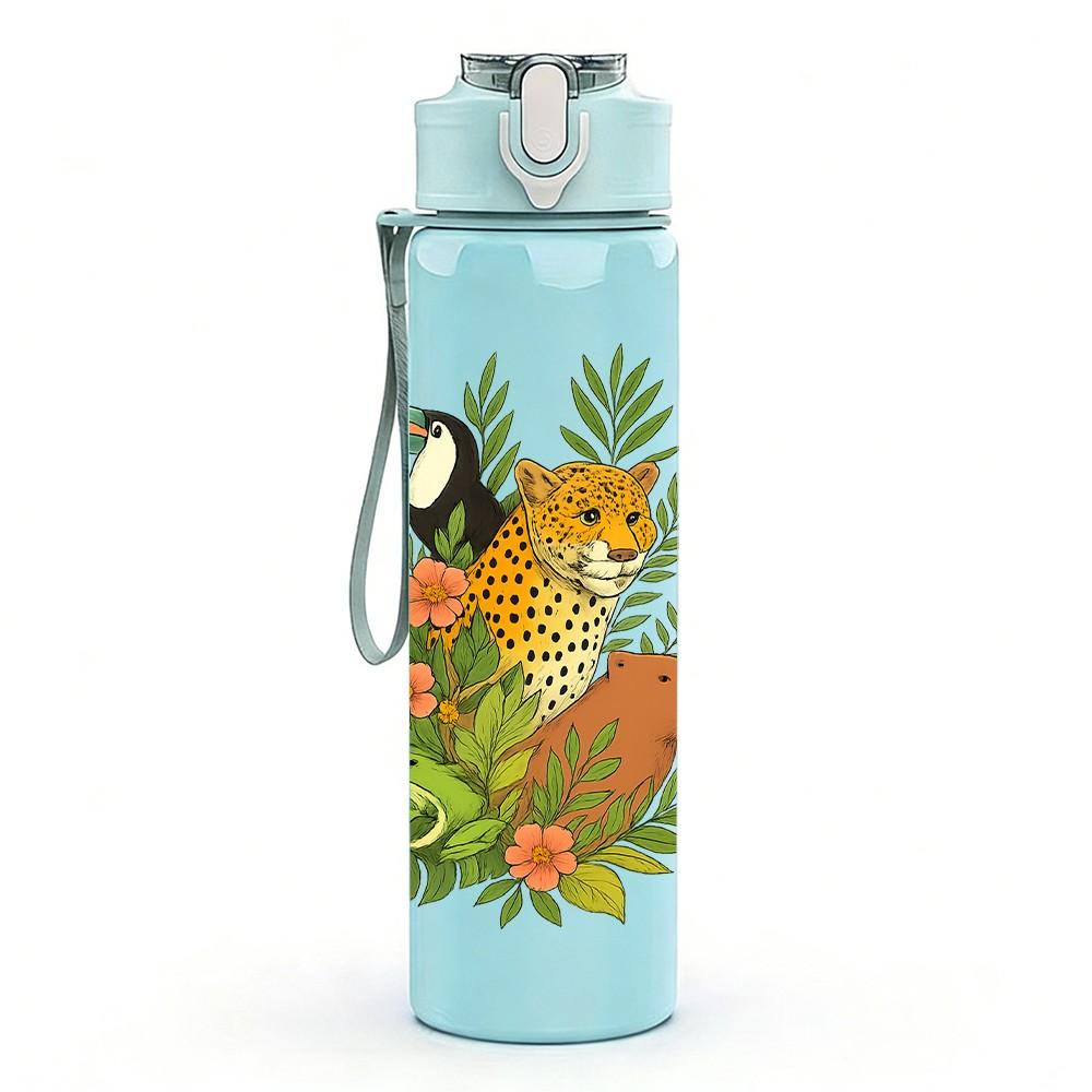 1PC Tropical Leopard Pattern 750ml Color Plastic Sports Water Bottle Leakproof Flip Straw Lid Suitable for Sports Office Home Use