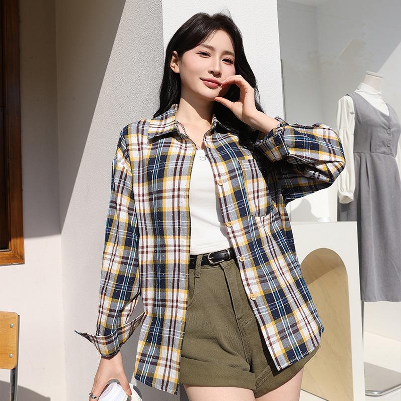 Women's Long Sleeve Plaid Shirt Point Collar Vintage Casual Blouse Cotton Rhinestone Pocket Oversized Top