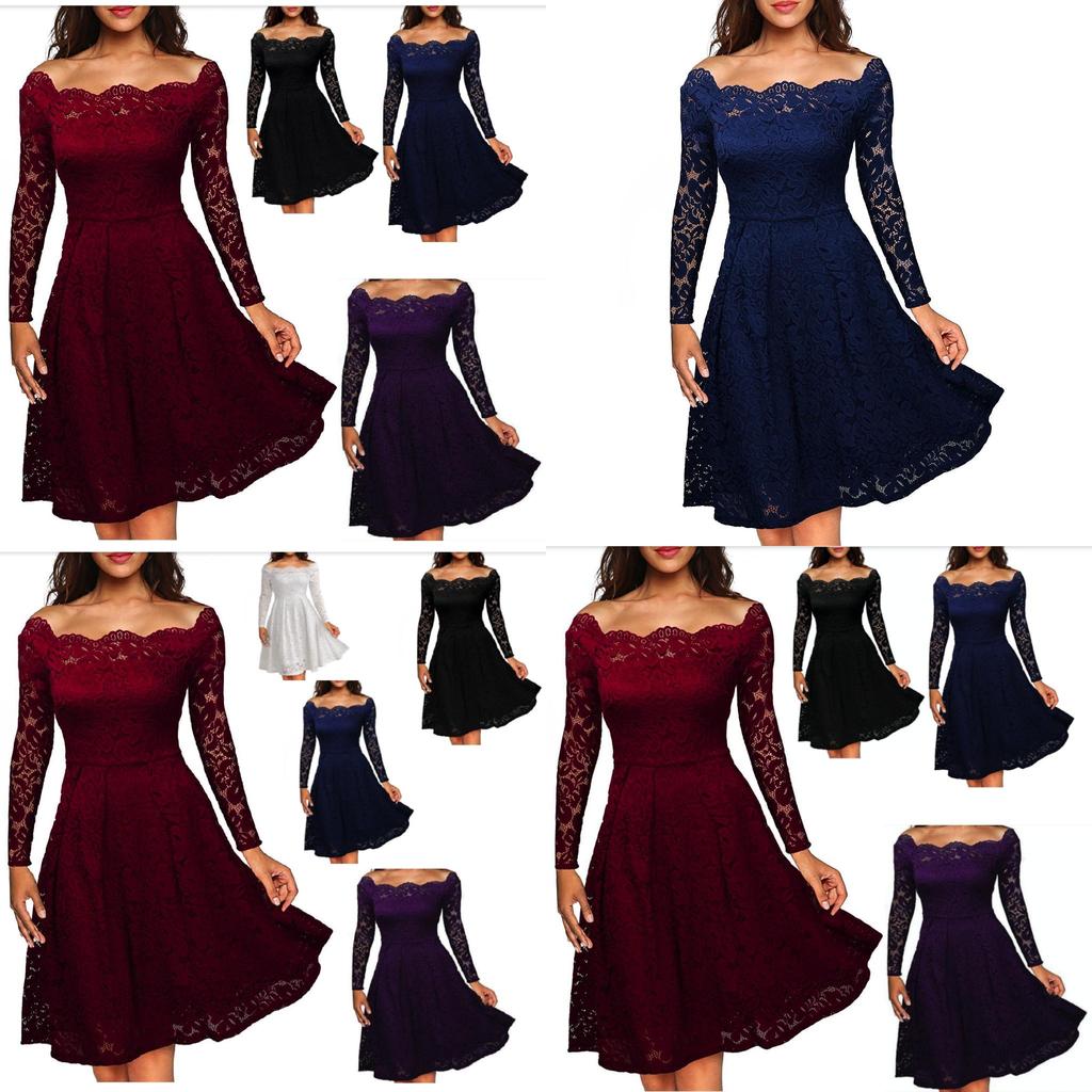 Elegant Women's Vintage Lace Boat Neck Formal Wedding Cocktail Evening Party Swing Dress