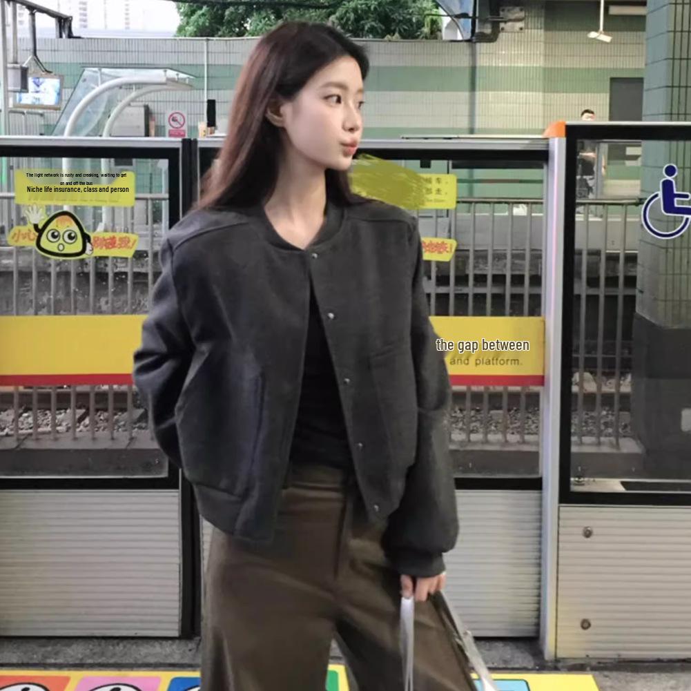 Women's Gray Woolen Retro Baseball Jacket - Casual Spring/Autumn Outerwear