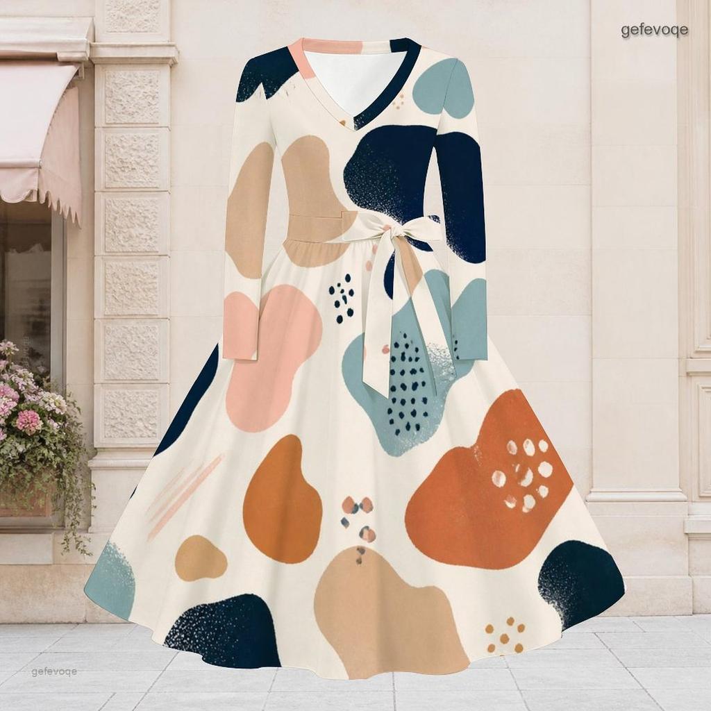 Women Plus Size V Neck Long Sleeve Abstract Printed Belted A Line Flared Midi Dress