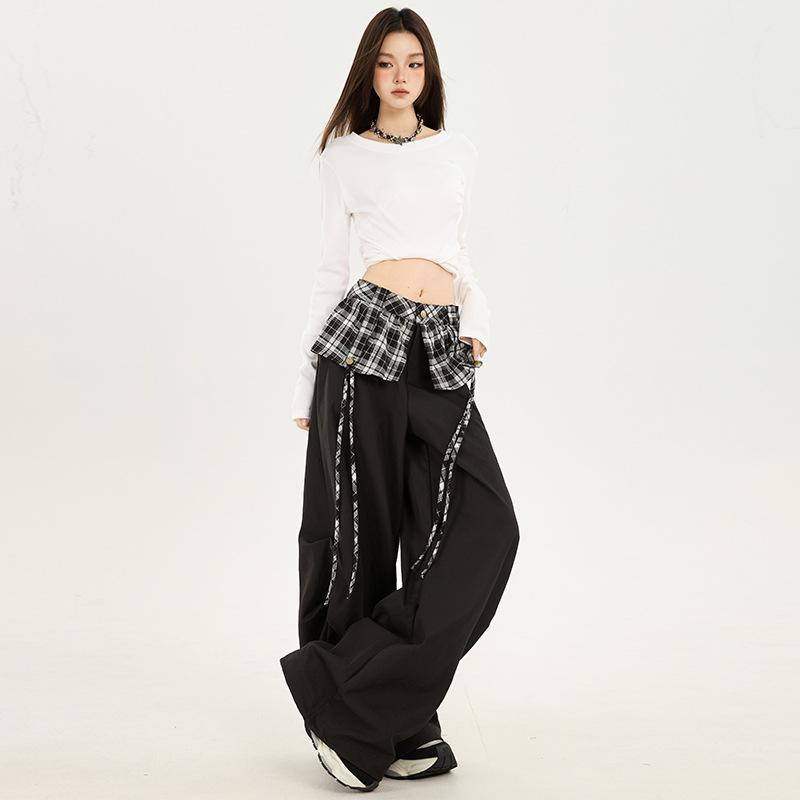 American-style spicy girl black plaid patchwork casual pants for women, autumn/winter lazy style high-waist versatile wide-leg work pants
