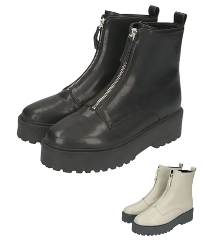 Women s Short Boots, Front Zip, Round Toe, Thick Sole, Leg-Slimming, Volume Sole, Comfortable, Lightweight, Black, 31402