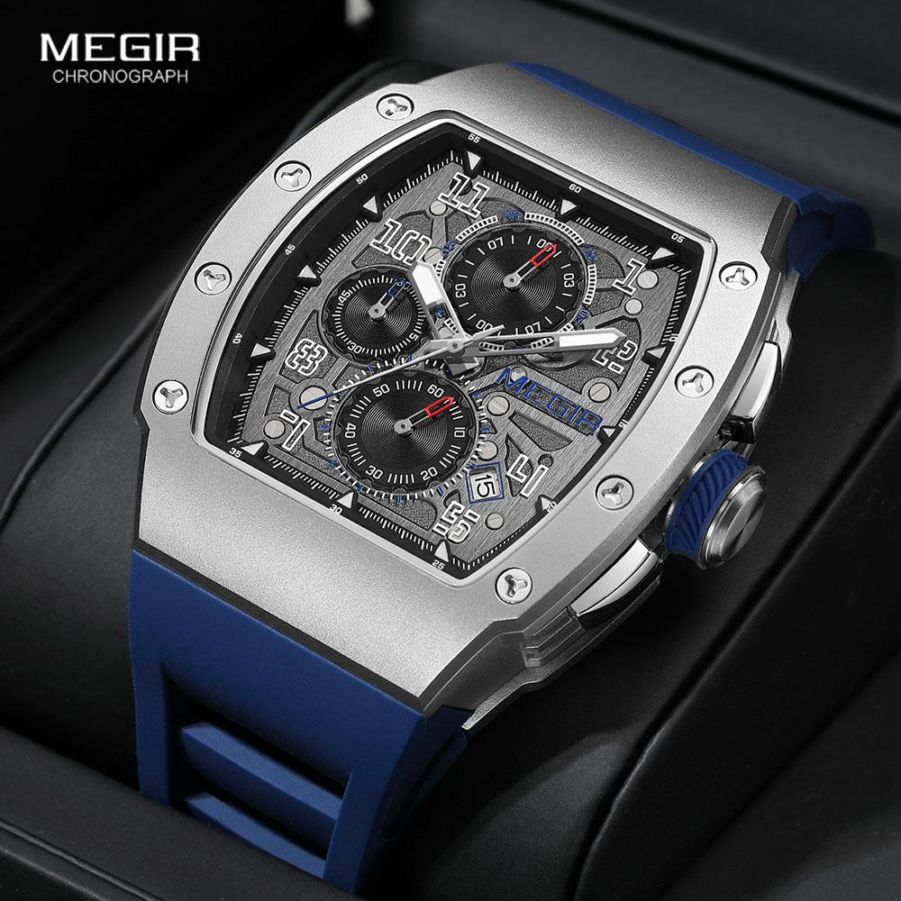 MEGIR 316 Stainless Steel Quartz Watch for Men Fashion Waterproof Luminous Chronograph Wristwatch with Auto Date Silicone Strap