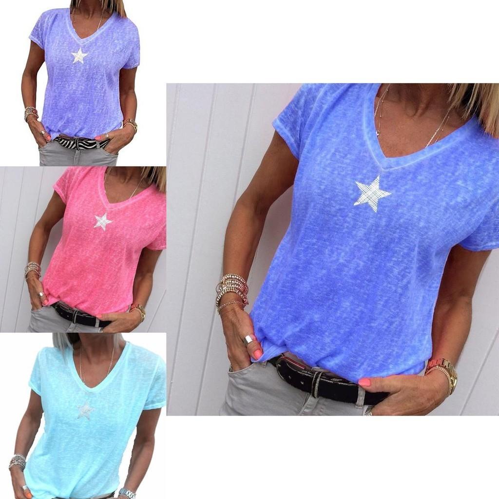 Stylish Women V-neck T-shirt Casual Loose Star Summer Shirts Solid Short Sleeve Perfect For Outdoor Activities