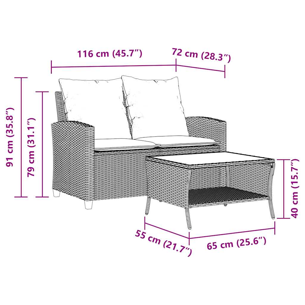 2 Seater Garden Sofa with Cushions & Table Black Poly Rattan