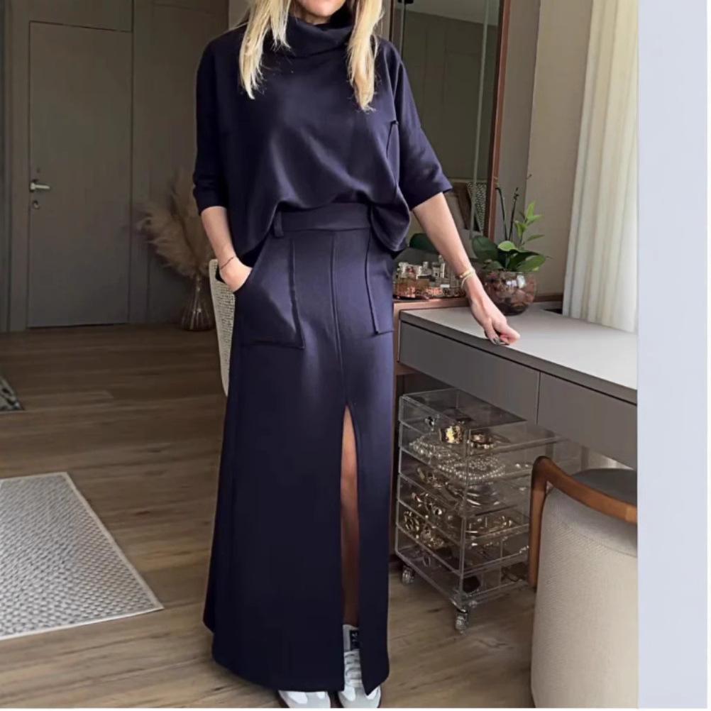 New Women's Autumn and Summer Solid-color Casual Loose Pocket Sweatshirt Straight Skirt Set