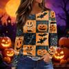 Women's Fashion Long Sleeve Neck Top with Slit Hem Halloween Print for Fall Party Occasion Wear