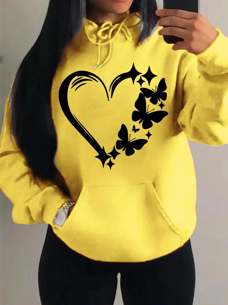 European & American Style Love Heart Butterfly Print Women's Hooded Sweatshirt - Trendy Street Style Pullover
