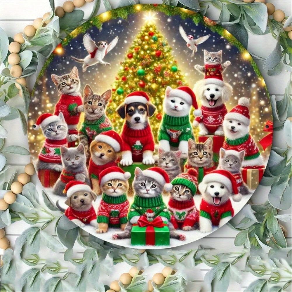 Vintage Round Cat Dog Christmas Wreath Iron Wall Sign 8x8 Inch Home Decor Gift