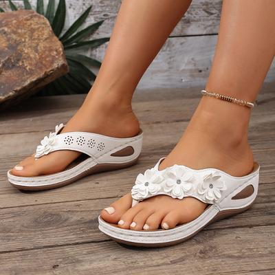 Women's Fashion Slip-On Flip Flops, Floral Decor Flat Sandals, Comfort PU Sole Casual Shoes for All Seasons