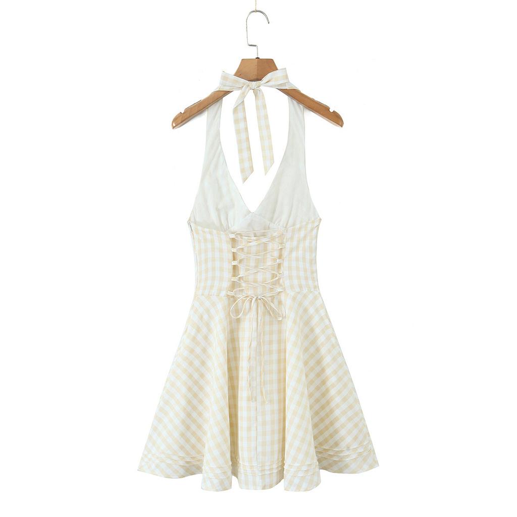 French retro plaid sweet and sexy neck halter waist thin dress women's summer vacation style short skirt