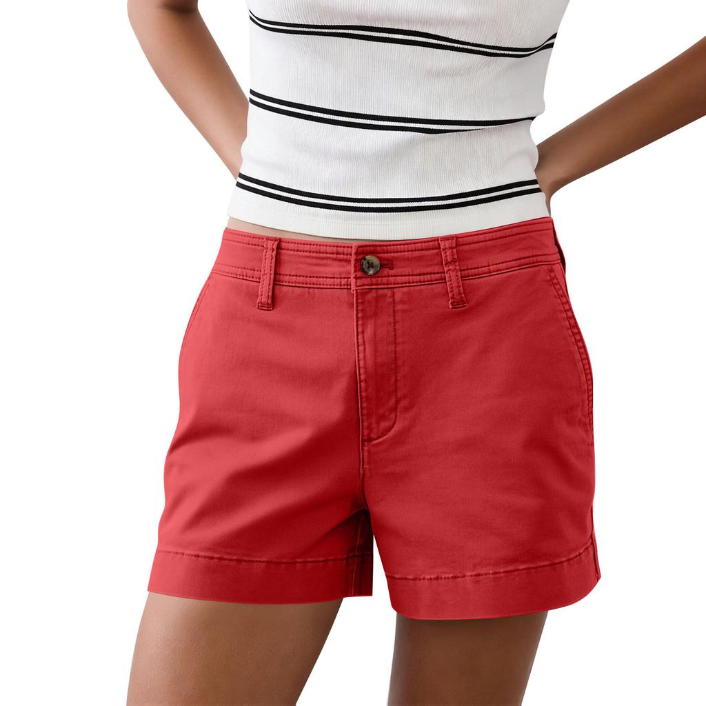 Women’s Mid Rise Cotton Blend Chino Shorts with Button Closure and Belt Loops for Everyday Casual Wear