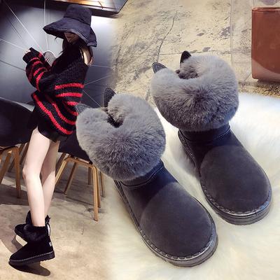 Fashion Short-Tube Snow Boots Women's Shoes Booties Rabbit Ears Rhinestone Non-Slip Wear-Resistant Plus Velvet Thickening Winter Warm