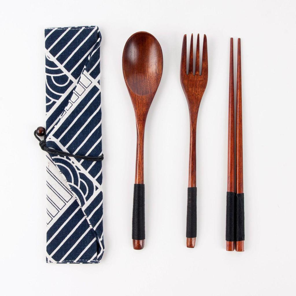 Japanese Wooden Portable Tableware Set: Long-Handled Spoon, Fork, and Chopsticks - Korean Style Three-Piece Set for Outdoor Use.