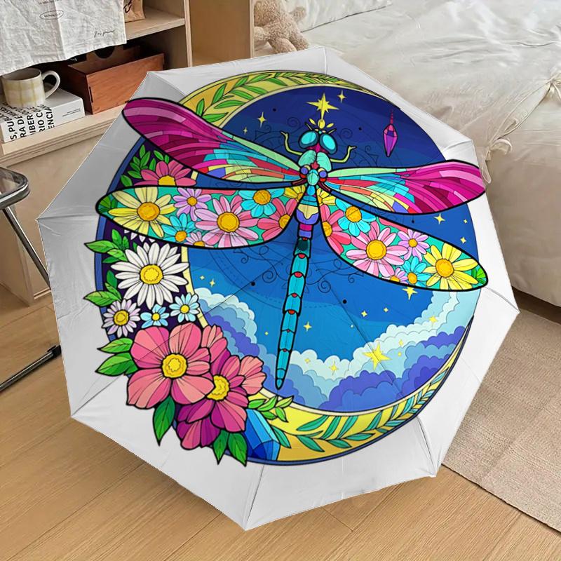 Colorful Dragonfly & Flower Design Automatic Opening Folding Umbrella with 8-Bone Iron Frame, Suitable for Fans, Travelers, Daily Use, and G