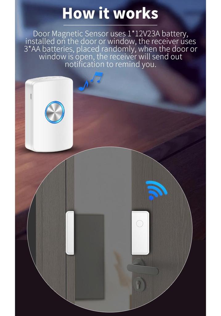 Magnetic Sensor 1000Ft Wireless Doorbell with 5 Adjustable Volumes