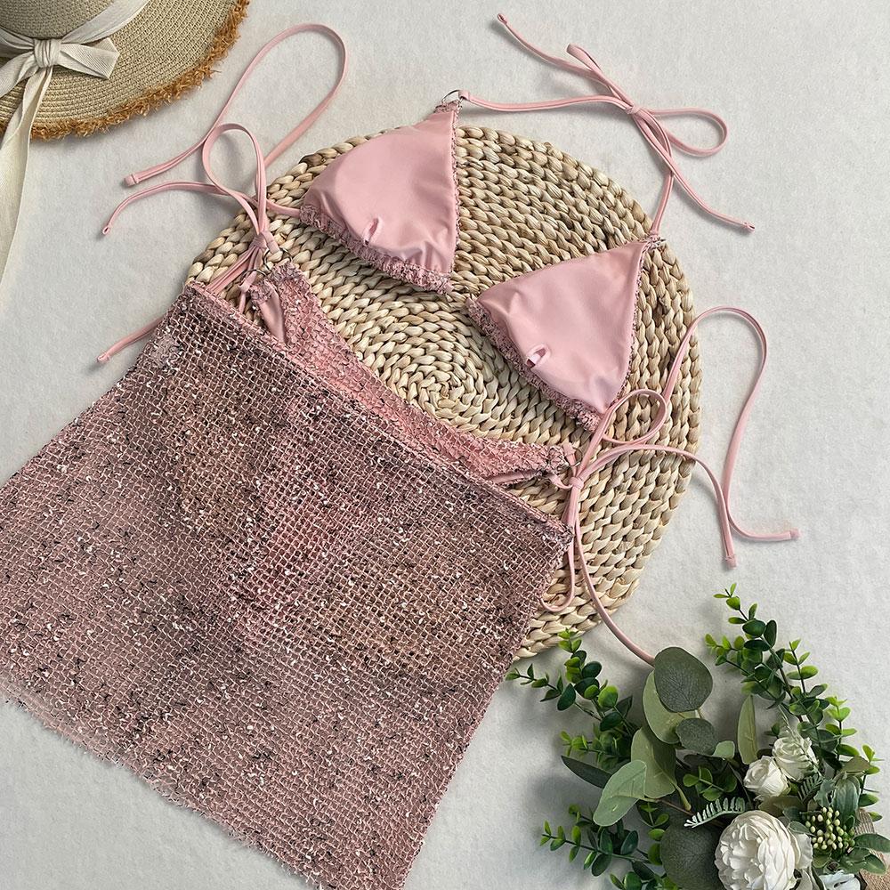Shiny Swimsuit with Skirt Cover-Up 2026 Women's 3-Piece Bikini Set Adjustable Bathing Suit Summer Vacation Beachwear
