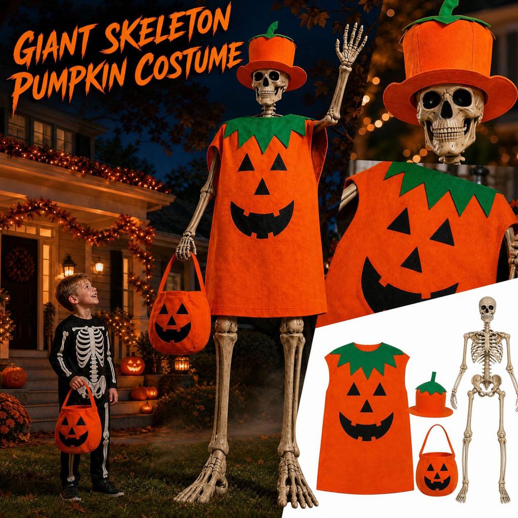 Skelett Kostüm Set mit Halloween Kürbis Zylinder für Außenhof Dekoration und Große Skelett Accessoires