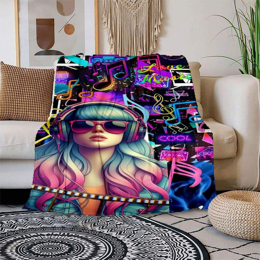 

80s Neon Music Festival Headphones Women s Hoodie Blanket Flannel Throw Blanket for Sofa, Bed, Travel, Camping, Office 100x150cm