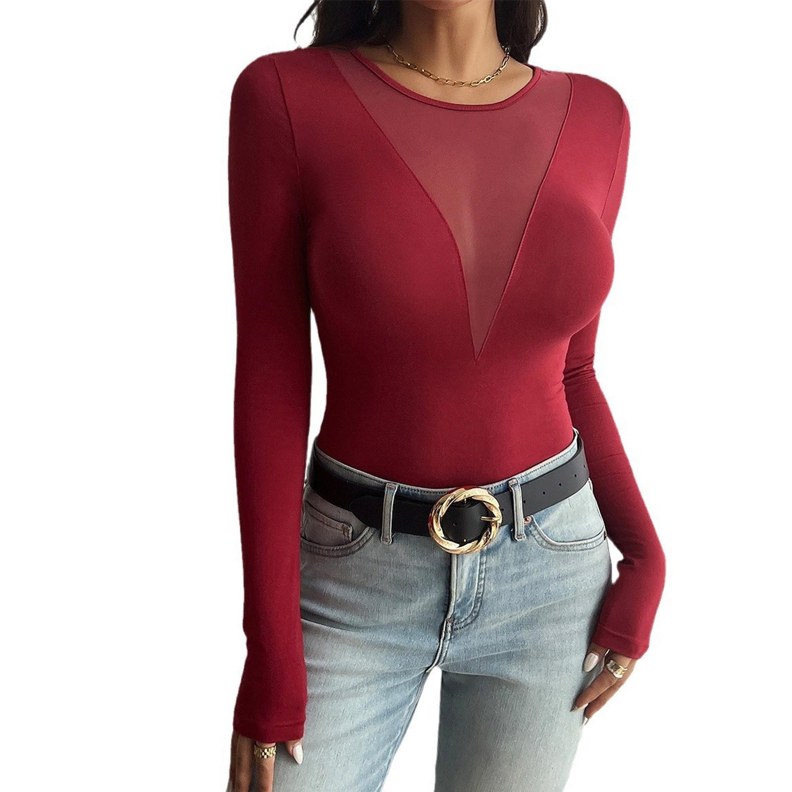 

Женский свободный повседневный однотонный топ с V-образным вырезом и длинными рукавами XL винный