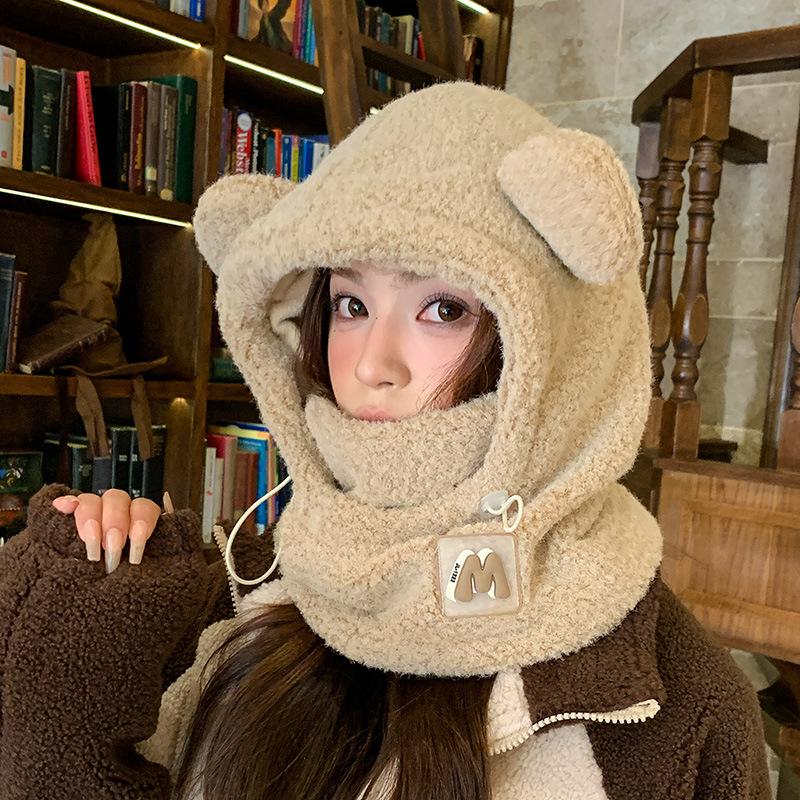 Cute winter thickened plush bear hat mask integrated women's autumn and winter cold protection ear protection cycling hat