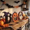 Pumpkin And Ghost Table Decor Halloween Wooden BOO Ornaments for Tabletop Tiered Tray Decor, Thickened Wood Crafts Creative Letter Decorations Festive