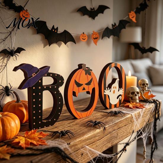 Pumpkin And Ghost Table Decor Halloween Wooden BOO Ornaments for Tabletop Tiered Tray Decor, Thickened Wood Crafts Creative Letter Decorations Festive