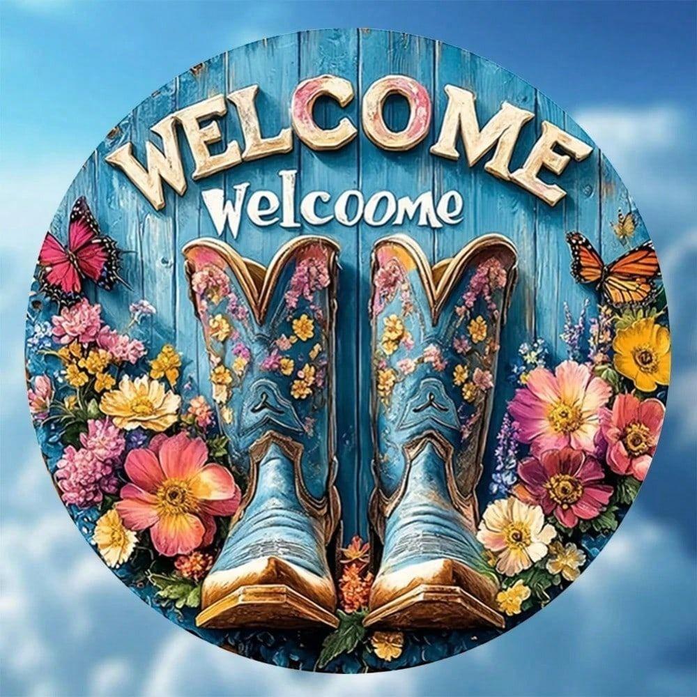 Vintage Cowboy Cactus Welcome Metal Sign Cafe Wall Decor Tin Plaque
