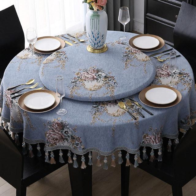 Beige Retro Tassel Round Tablecloth Jacquard 3D Floral Table Cover European Fabric Turntable Cover for Party Events